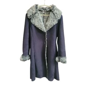 Marvin Richards Black Faux Suede Coat with Gray Faux Fur Trim Size M